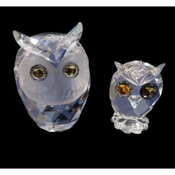 Swarovski Crystal Owls Retired Woodland Large 2" Small 1.5" Jewel Eyes Set Of 2 - Picture 2 of 15